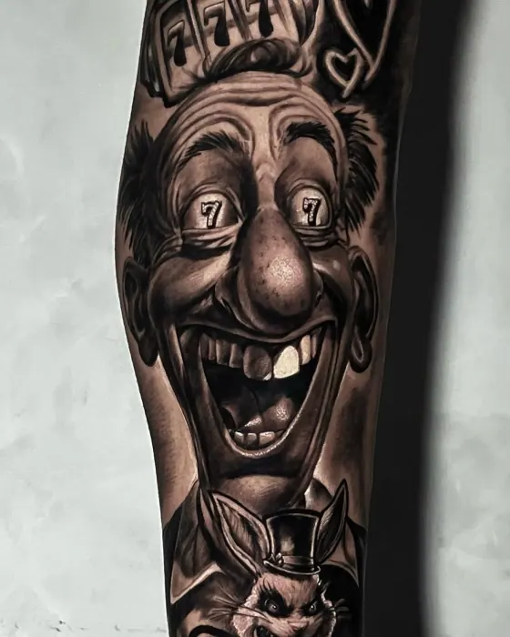 Palhaço sorridente com 777 nos olhos tatuado na panturrilha